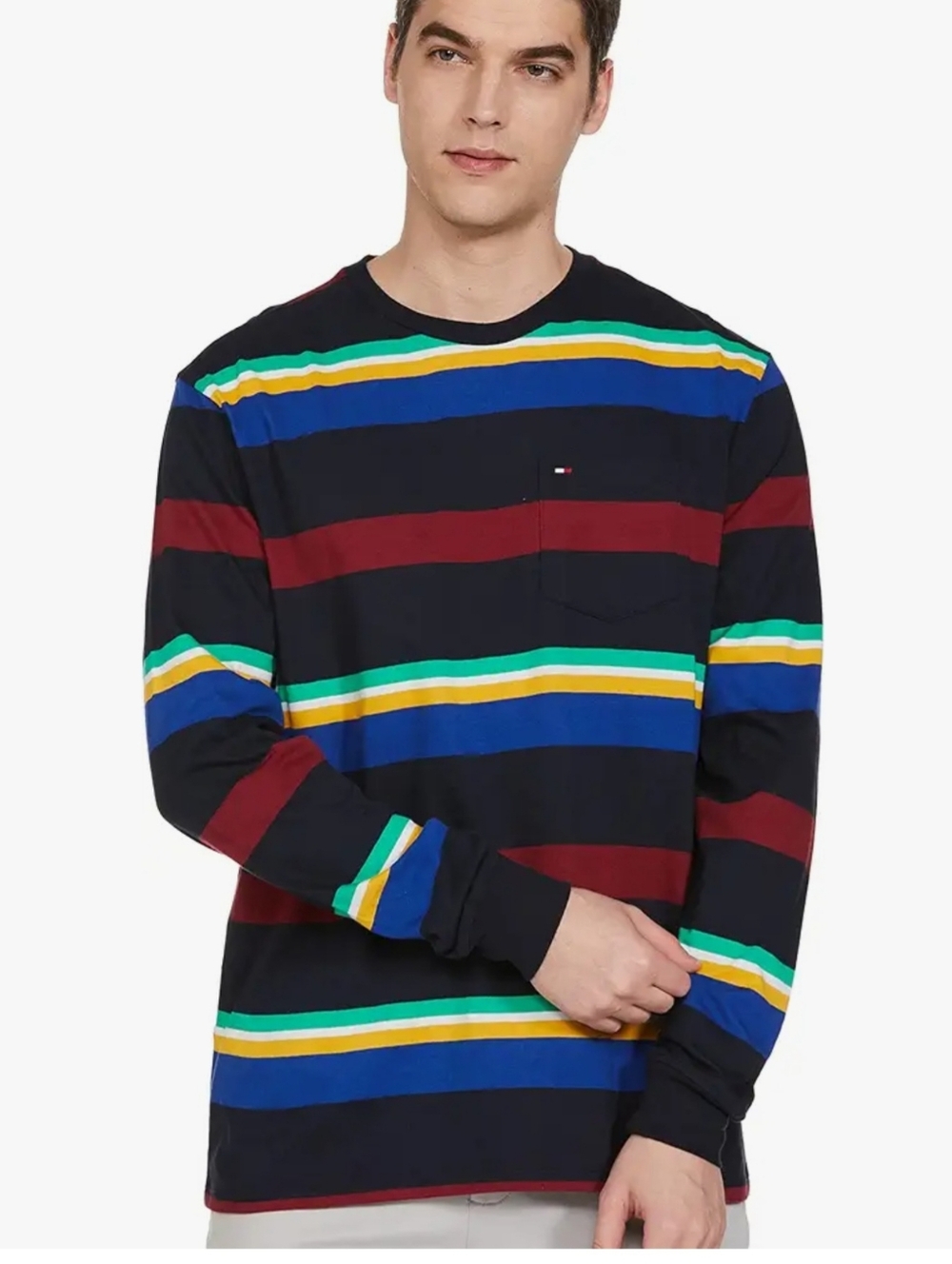 Tommy Hilfiger Black Navy Multicolor Striped Long Sleeve Tee Sz Xl
